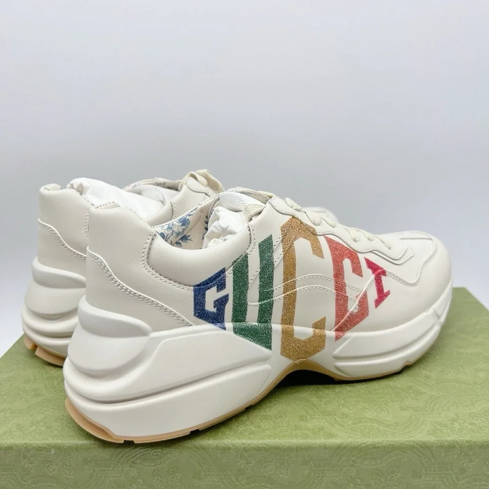 Gucci Rhyton Platform Calfskin Glitter Logo Womens Sneakers Mystic White EU 41 - Picture 8 of 16